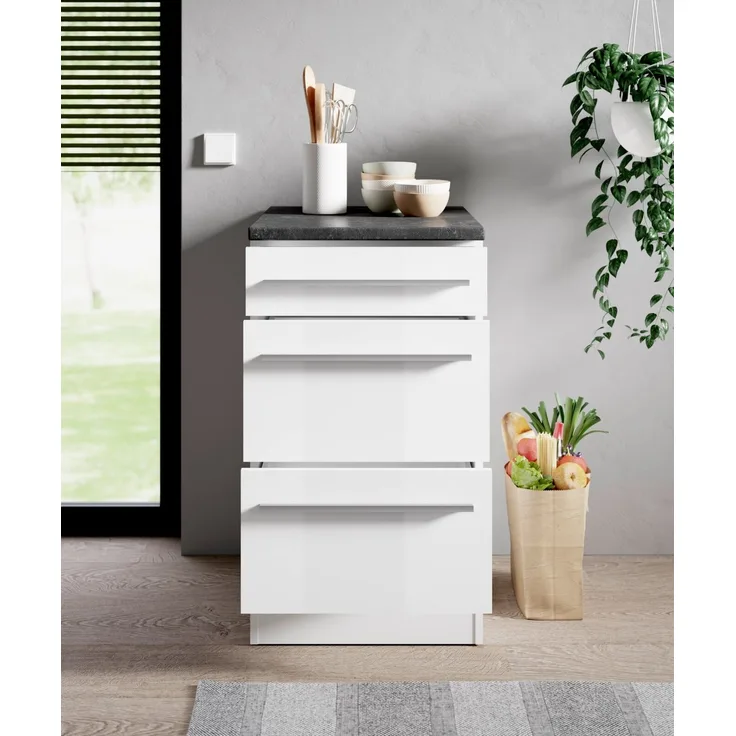 Yourkitchen 'JAZZ' Küchenunterschrank Front weiß Hochglanz, Holznachbildung Weiß, 50 x 90 x 60.01 cm, mit 3 Schubladen