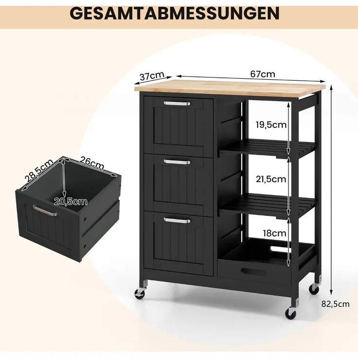 Mehrzweckwagen Kücheninsel auf Rädern mit Stauraum 67 x 37 x 84 cm Schwarz