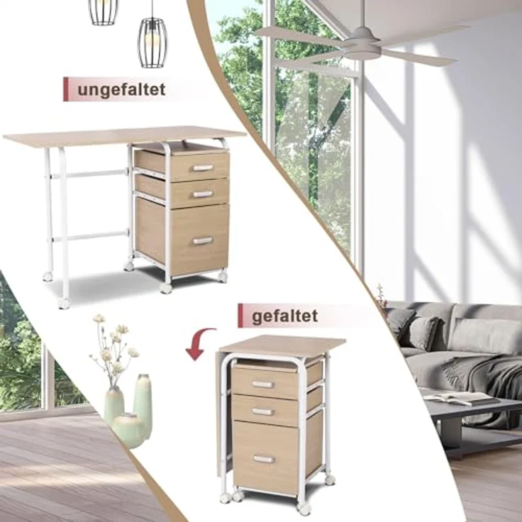 FANTASK Schreibtisch, Klappbarer Bürotisch mit Metallrahmen, Klappschreibtisch mit 3 Schubladen & Rollen, platzsparender Computertisch für kleine Räume, 105 x 50 x 75 cm (Natur) – Bild 6