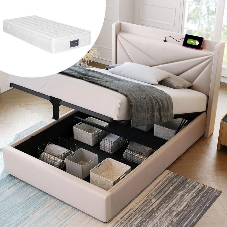 TavilaEcon Boxspringbett mit Bettkasten und USB Typ C beige Liegefläche 90 × 200 cm – Modell 202197AAB – Bild 1