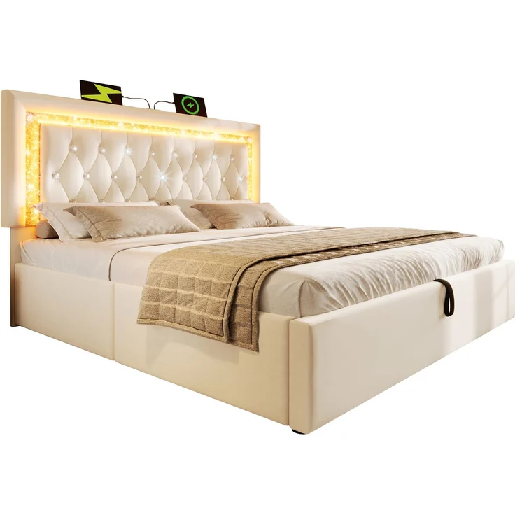 Polsterbett Doppelbett Samt mit LED-Diamantstreifen, USB & Type-C Ladestation, hydraulischem Stauraum Beige H 104 cm x T 209 cm x B 187 cm – Bild 2