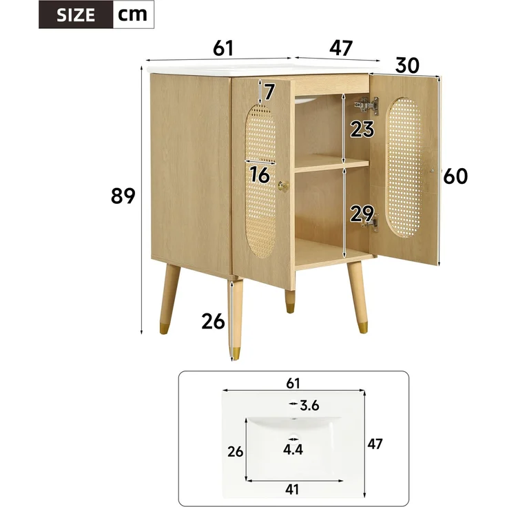 Waschtischunterschrank 61 x 47 x 89 cm mit Keramikwaschbecken, Rattantüren und Ablageböden – Bild 3