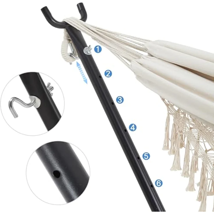 Mondeer Hängematte mit Gestell für 2 Personen - Verstellbare Doppelhängematte im Boho-Stil mit Getränkehalter & robustem Eisengestell, für Terrasse, Garten und Hof, Beige – Bild 3