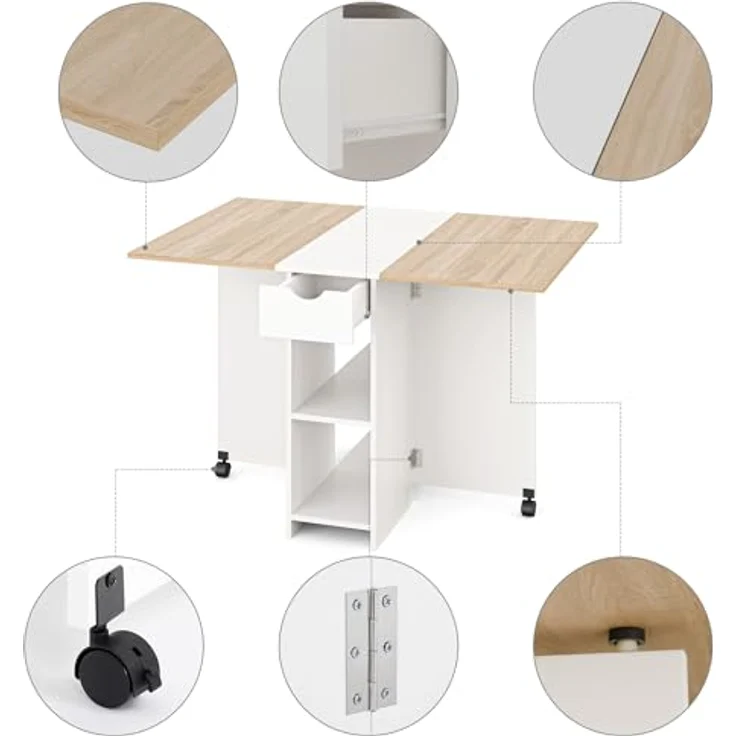 Mondeer Esstisch Klappbar, Küchentisch mit 1 Schublade und 2 Ablagen für 2-4 Personen, Klapptisch Esszimmertisch mit Rollen für Kleine Räume, Esszimmer, Küche, 72 x 120 x 75 cm, Eiche und Weiß – Bild 6