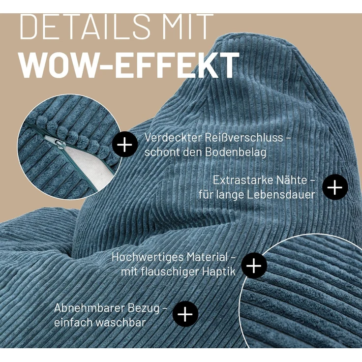 Lumaland Sitzsack GIANT Cord Sitzsack Stabile Lehne ideal fürs Gaming, verdeckter Reißverschluss, trendig & Gemütlichkeit vereint – Bild 5