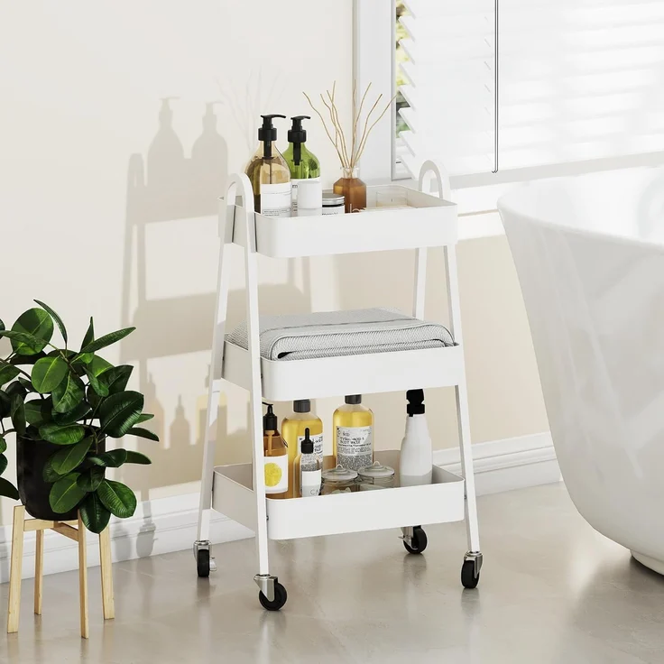 HOMCOM Servierwagen mit 3 Ebenen, Rollen, Griff, Bremse, (Aufbewahrungswagen, 1 St, Rollwagen), für Küche Büro Badezimmer, Weiß – Bild 9