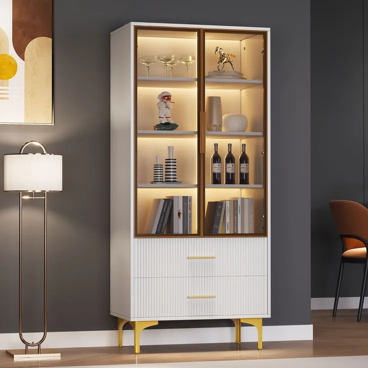Elegante Glasvitrine mit zwei Türen - 70*35*150cm - Glastüren, goldene Beine, bewegliche Einlegeböden, Vitrine mit app LED-Licht, Schrank, Glasvitrine, Hochschrank, Standvitrine--Weiß--70x35x150cm--YOUDENOVA