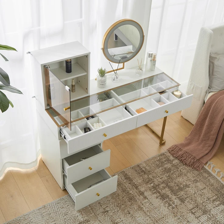 Schminktisch mit LED-Spiegel & flexiblen Regalen, weiß & gold modern Make-up Tisch,ohne Hocker – Bild 5