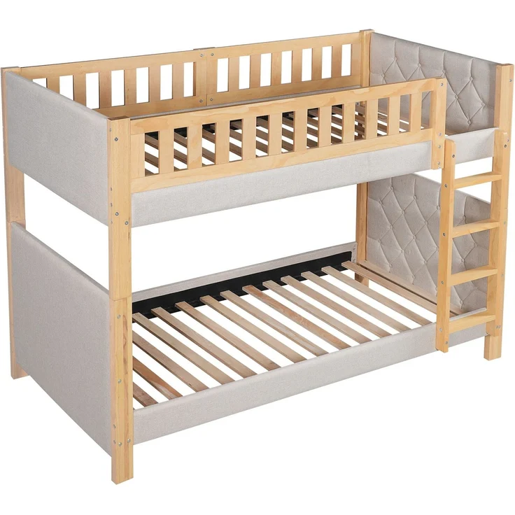 Etagenbett mit 2 Schlafgelegenheiten, 90x200cm, Kopfteil gepolstert, Kinderbett mit Leiter und Lattenost, Massivholz – Bild 8