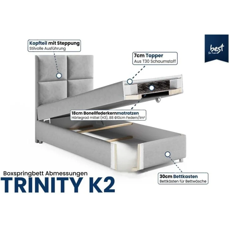 Best for Home Boxspringbett mit Bettkasten Trinity K2 Single Bonell-Matratze inkl. 7 cm Topper (Einzelbett, Hotelbett, Polsterbett gepolstertes Kopfteil, Jugendbett, Kinderbett versch. Größen, 70x200 80x200 90x200 100x200 cm), verschiedene Liefermöglic... – Bild 4