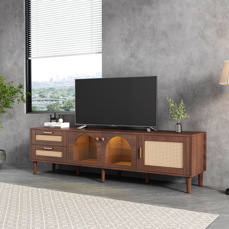TV-Schrank, mit Rattan-Schubladen, 3 Türen, LED-Licht & höhenverstellbaren Füßen, 180x40x50 cm, Braun – Bild 2