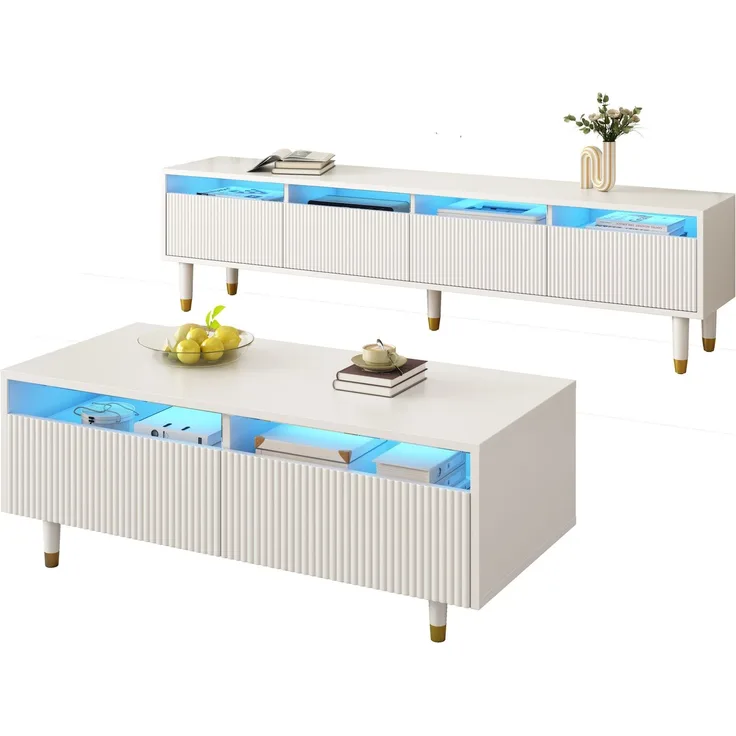 JARDJ Modernes LED-Möbelset: Viertüriger TV-Ständer und Couchtisch mit zwei Schubladen – Weiß mit Gold-Design, LED-Beleuchtung, Wellenstruktur und Acrylfronten für einen stilvollen Wohnstil