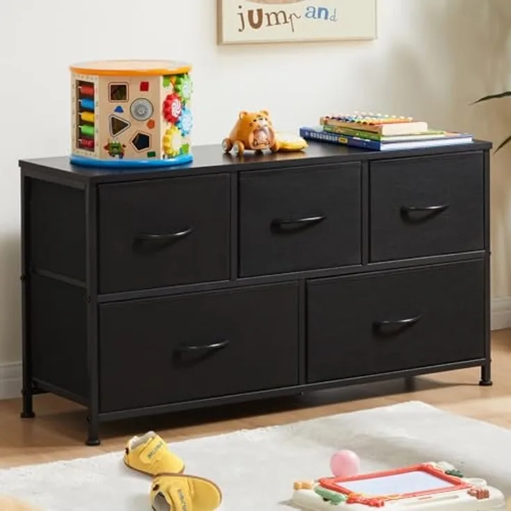 Sweetcrispy Kleine Kommode mit 5 Stoffschubladen für Schlafzimmeraufbewahrung, Kinderzimmerschrank Truhenmöbel, Metallrahmen, Holzplatte, Leichter Eingangsschrank, Schwarz