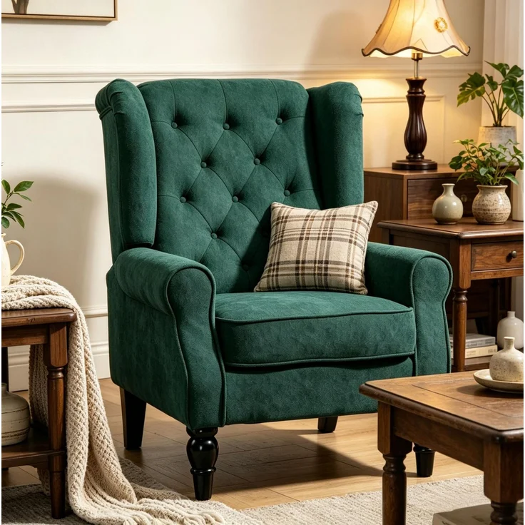 DESVIAE Sessel Dunkelgrün aus Polyester – 74x102x86 cm – Eukalyptusholzbeine, Ohren-Design, Kapitonierung – Bild 1