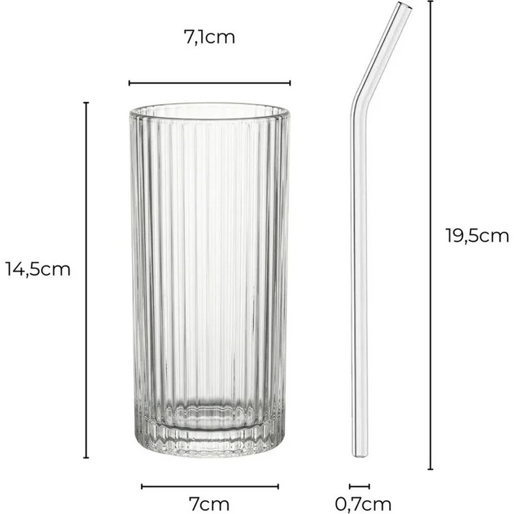 mixed24 Gläser-Set 4er Set Geriffelte Gläser 370ml inkl. Glashalm, ideal für Iced Matcha Latte, Latte Macchiato, Cocktails, Smoothies – Bild 1
