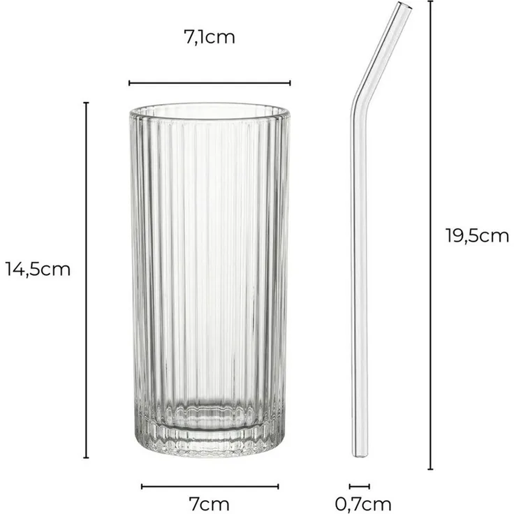 mixed24 Gläser-Set 4er Set Geriffelte Gläser 370ml inkl. Glashalm, ideal für Iced Matcha Latte, Latte Macchiato, Cocktails, Smoothies