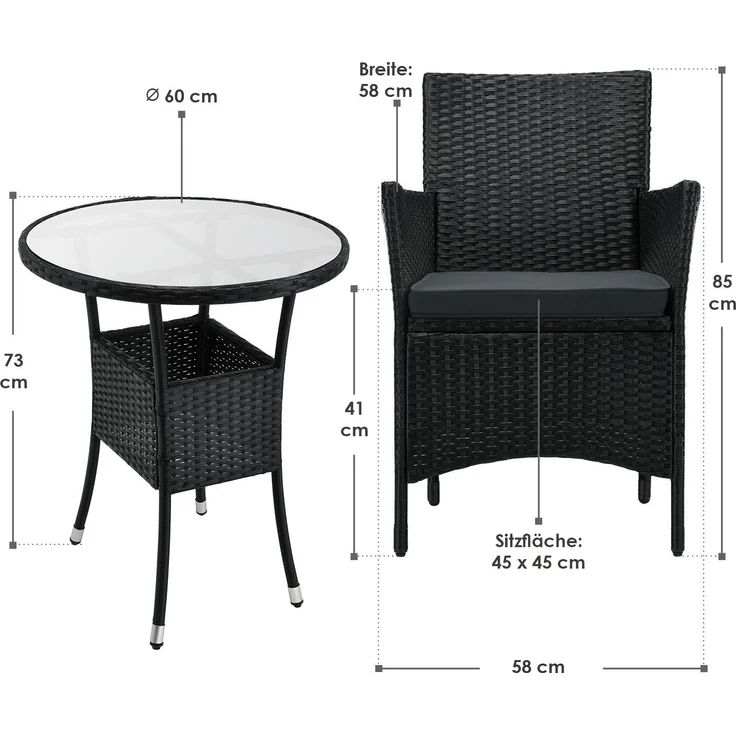 Juskys 'Bayamo' Balkon-Set für 2 Personen – Tisch, 2 Stühle mit Auflage, Polyrattan schwarz / grau – Bild 14