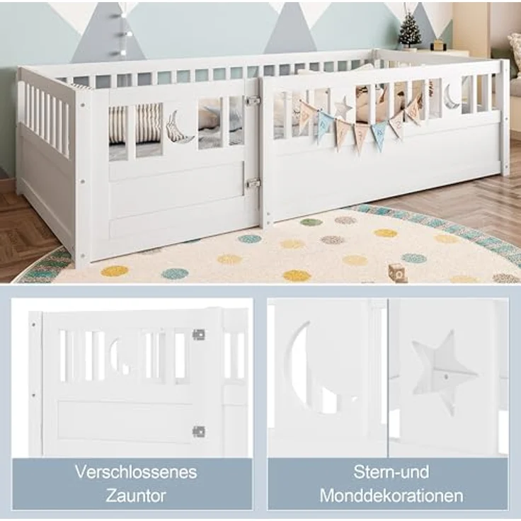 Ball & Cast Bodenbett (90x190 cm), Kids Bed und Jugendbett mit Stern- & Monddekoration, Kinderbett 90x200 mit rausfallschutz, ohne Lattenrost, Weiß – Bild 6