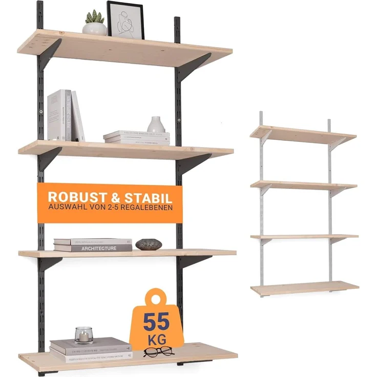 BOOMET Wandregal Metall Regal mit Fichtenböden · Regalsystem in 50 Größen ·, 80 15-tlg, Bausatz · Wandschienen Regalsystem · Regalträger Schienensystem – Bild 1