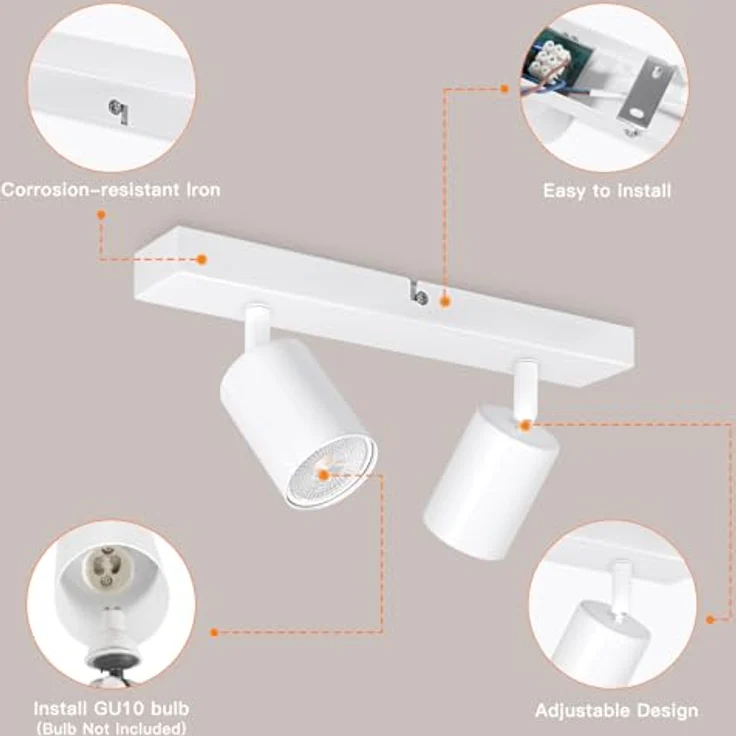 Ketom Deckenstrahler 2 Flammig LED Weiß, Schwenkbare GU10 Deckenleuchte für Küche, Wohnzimmer und Schlafzimmer, Einfache Installation, Rostfreies Matt Design – Bild 5