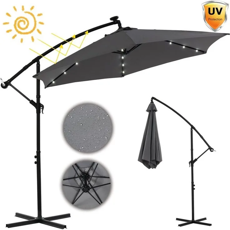 Feel2Home Sonnenschirm Sonnenschirm Kurbelschirm Ø350 Ampelschirm LED Balkon grau u. beige, LxB: 350,00x300 cm, Kein Set, Premium-Sonnenschirm, LED-Beleuchtung