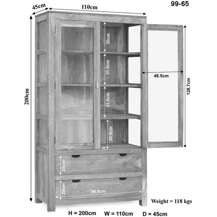 Vitrine Akazie 110x45x200 white stone getüncht NATURE WHITE #65 – Bild 2