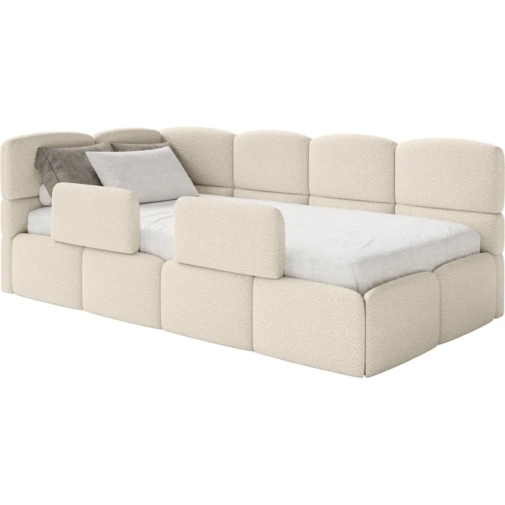 Selsey 'Cloudy' Jugendbett links, Matratze & Rausfallschutz, Bouclé Hellbeige, 90x200 cm