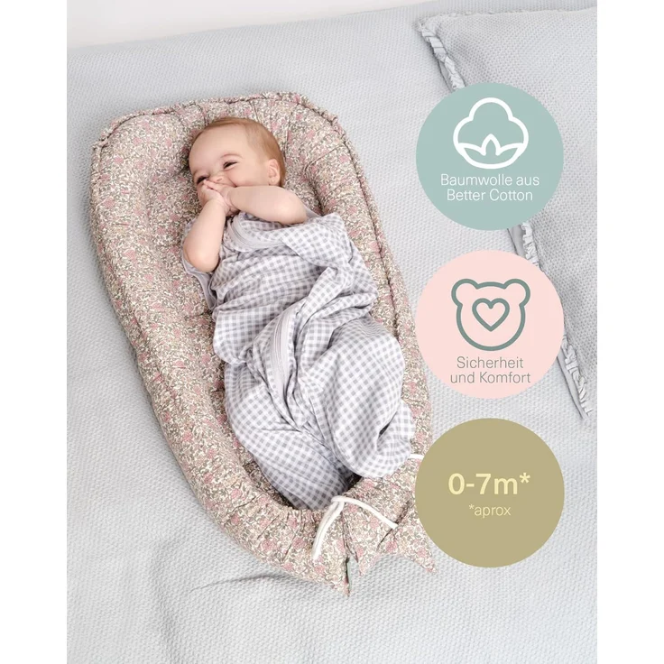 molis&co - Babynest - 100% Baumwolle (OEKO-TEX) - Babynestchen Neugeborene - Ideal als Reisebett, Kuschelnest Geeignet & Cradle Reducer - 90x50 cm - Peony – Bild 4