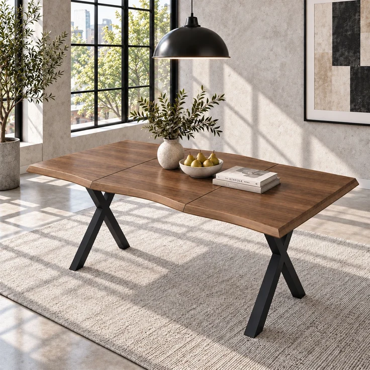 Merax Esstisch 160*78*75cm, geeignet für 4-6 Personen, Wellenförmiges Tischplattendesign, verdickte Tischplatte, X-förmige Eisenbeine, Walnussholzfarbe – Bild 2