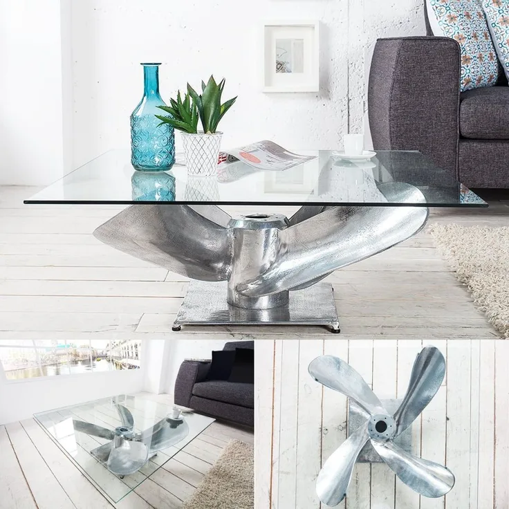 Design Couchtisch ELICA 80cm silber Aluminium Schiffsschraube Maritim Glasplatte