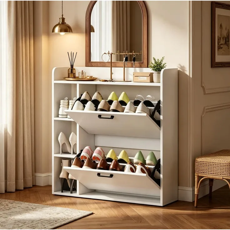 DESVIAE Garderobenschrank Weiß aus Spanplatte – 83x90,5x24 cm – 2 Kippfächer, 3 Seitenfächer