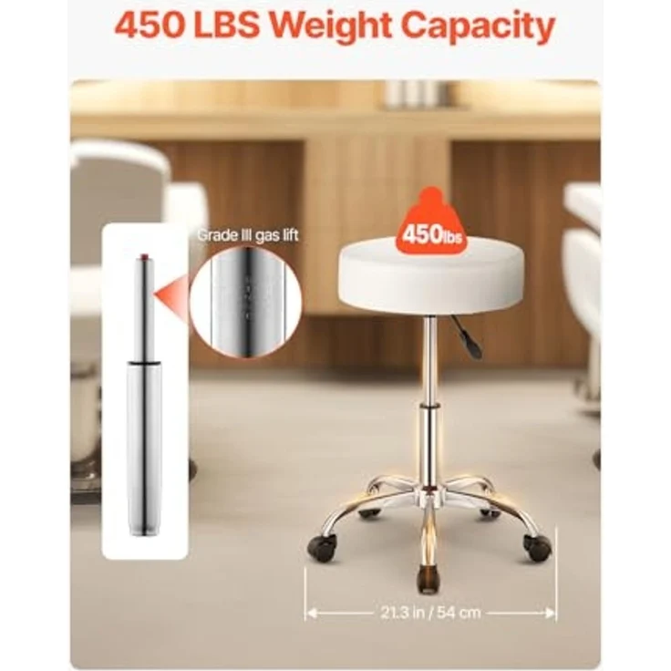 VEVOR runder Sattelhocker Rollhocker 204 kg belastbarer höhenverstellbarer (55-71 cm) Drehhocker Arbeitshocker PU-Leder-Drehsattelstuhl geeignet für Salon Spa Massage Klinik weiß – Bild 5