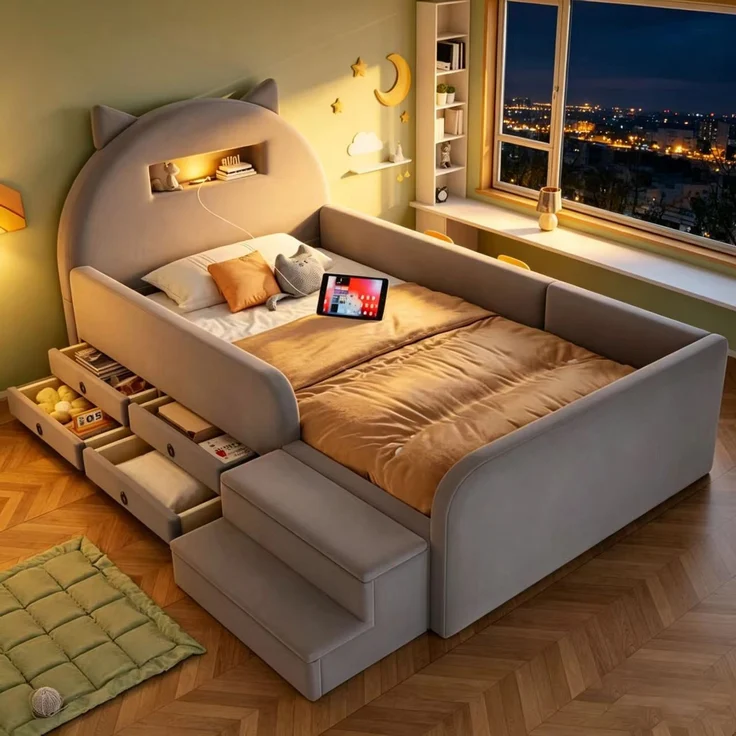 LVHOM Kinderbett 90x200cm mit Rausfallschutz, Polsterbett mit Nachtlicht, USB, Schubladen und Stufenbank, Samt, Hellgrau – Bild 2