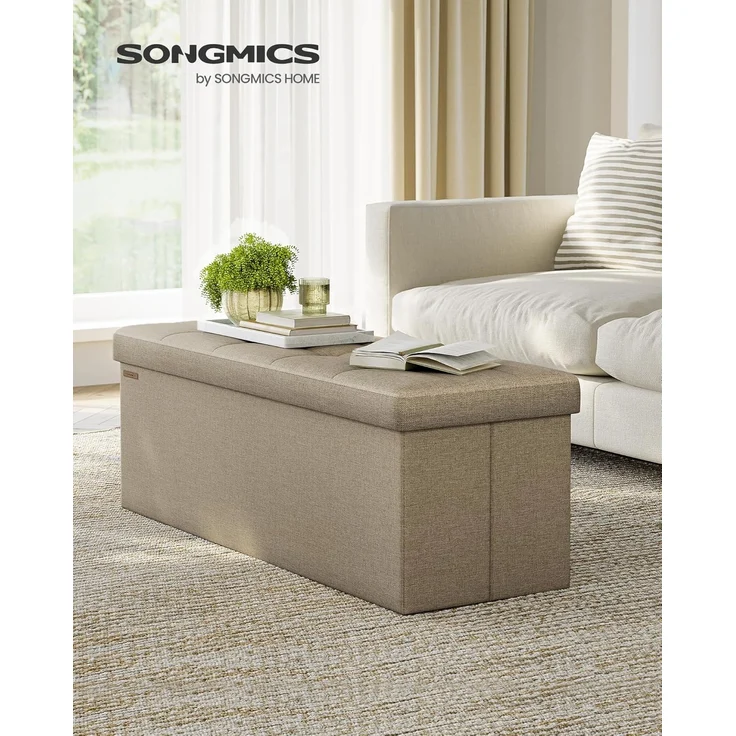 SONGMICS Sitzhocker mit Stauraum, klappbare Sitzbank, 38 x 110 x 38 cm Fußbank, Aufbewahrungsbox, bis 300 kg belastbar, für Wohnzimmer Schlafzimmer Flur, Kamelbraun LSF077R01 – Bild 2