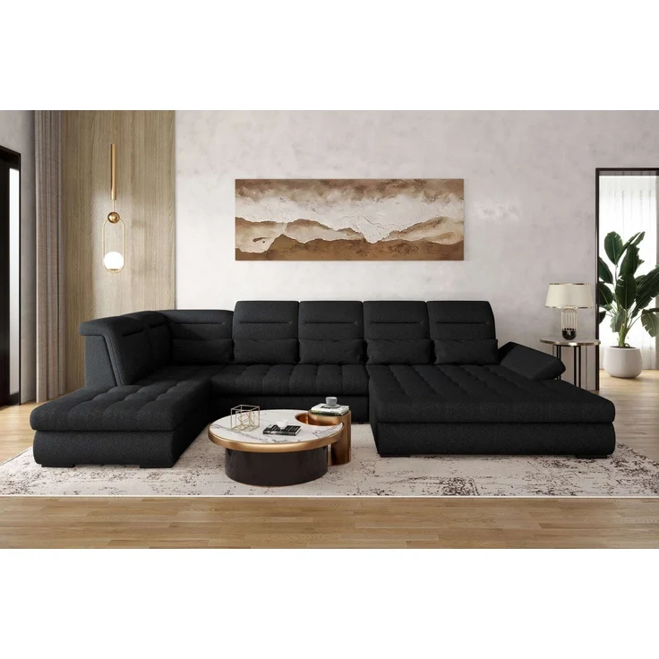 99rooms Toscana Wohnlandschaft Strukturstoff NEVE Schwarz Rechts mit Schlaffunktion Lieferung Wohnung – Bild 1