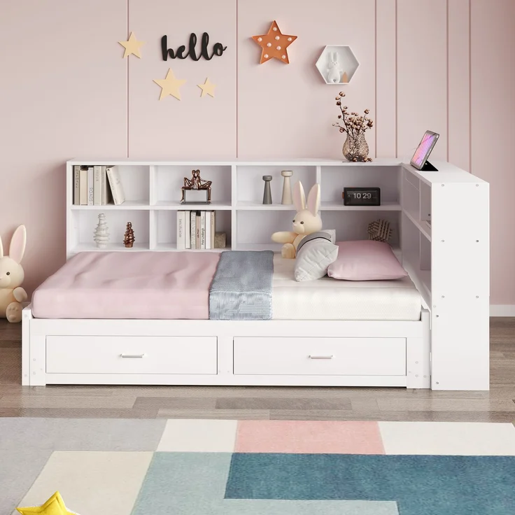 EINHOM Massivholzsofa 90 x 190 cm, mit Ausziehbarem Bett, mit Staufach, Schubladen, Lattenrost, Multifunktionales Einzelholzbett, Weiß (Ohne Matratze) – Bild 4