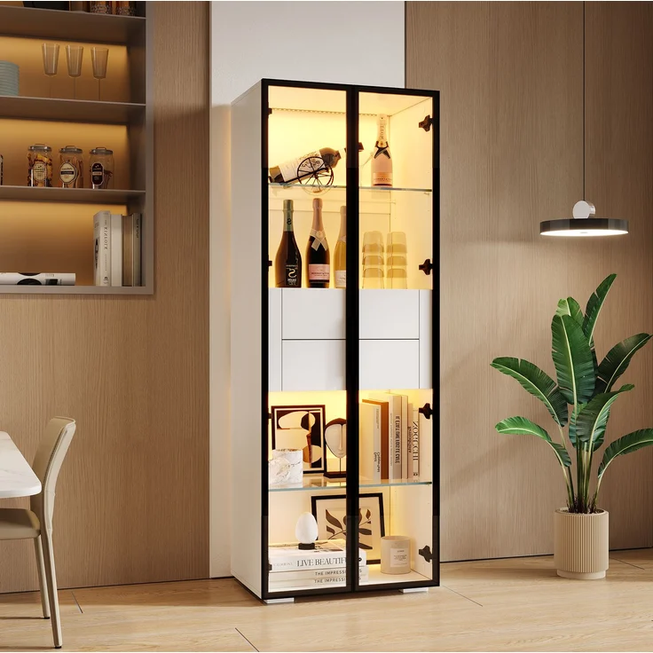 60*40*160cm Schrank,Vitrine Schranktür aus gehärtetem Glas,Vitrine Lagerschrank mit LED,2Glasboden,2Schubladen,Highboard,Wohnzimmerschrank,Aufbewahrungsschrank,Hochschrank,Sofaschrank,Weiß – Bild 3