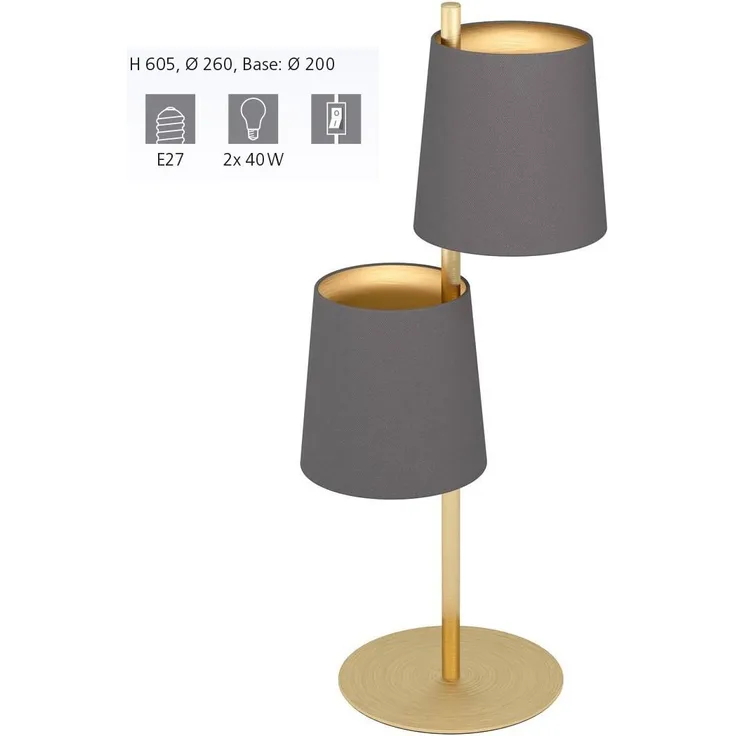 Eglo 99611 Tischleuchte ALMEIDA 2 messing-gebürstet cappuccino, messing H:60,5 Ø:26cm mit Kabelschalter
