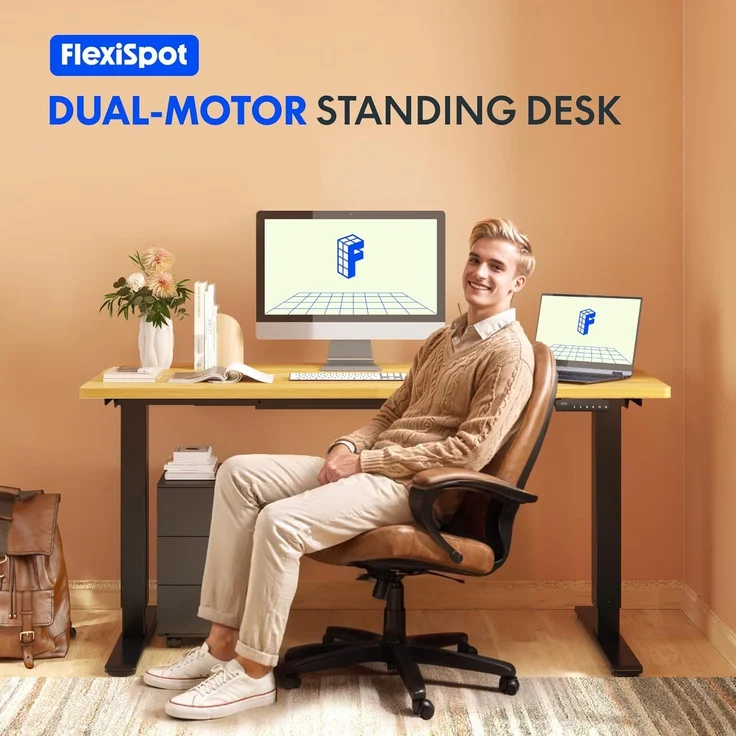 FLEXISPOT Höhenverstellbarer Schreibtisch mit 2 Motoren & 25MM einteiliger Tischplatte,ergonomischer Bürotisch - 120x60 cm Schwarz, schwarzes Gestell – Bild 2