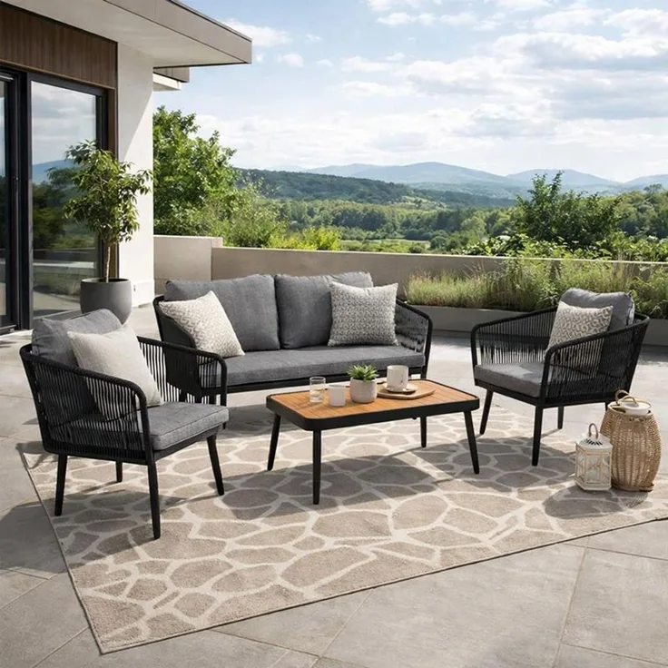 Gartenmöbel Set Sitzgruppe Rope Essgruppe Outdoor Gartenbank Gartentisch Schwarz