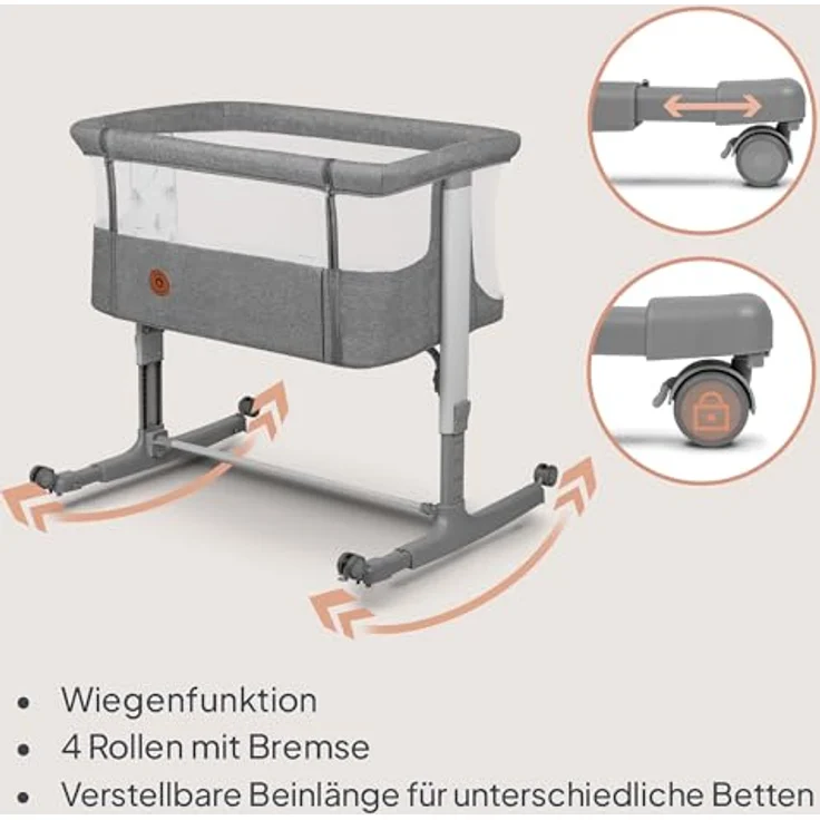 Lionelo Aurora 3 in 1 Babybett bis 9 kg, Beistellbett, Wiege, Höhenverstellug und Einstellung der Neigung der Matratze, 4 Räder mit Bremse Ergonomische Matratze Tasche – Bild 6