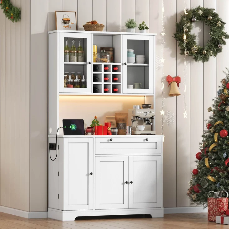 Küchenschrank, Hochschrank, Aufbewahrungsschrank, Vitrinenschrank mit Tür, integriertem Gewürzregal, verstellbaren Einlegeböden,mit farbwechselnder LED-Beleuchtung und Steckdose, 180 × 105 × 40 cm--Weiß--105x40x180cm--YOUDENOVA – Bild 9