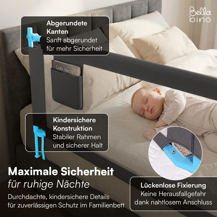 Bellabino 'Drina' Bettschutzgitter mit 2 Sicherheitsgurten, Rausfallschutz klappbar & höhenverstellbar, aus Oxford-Stoff & Metall, 200 cm, dunkelgrau – Bild 6