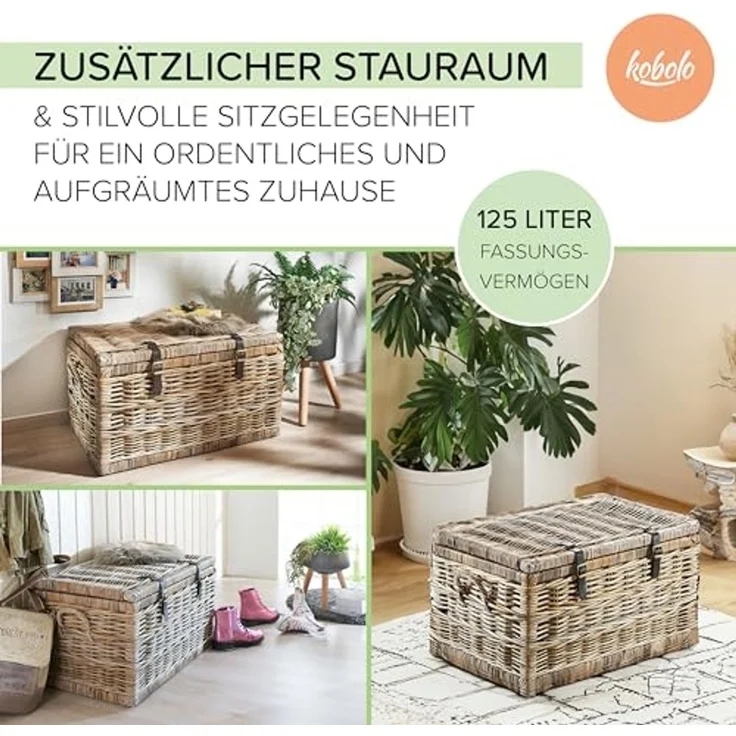 Kobolo Truhe Sitztruhe aus Rattan mit Griffen Kubu Grau 70 cm (1 St), mit Stauraum – Bild 4