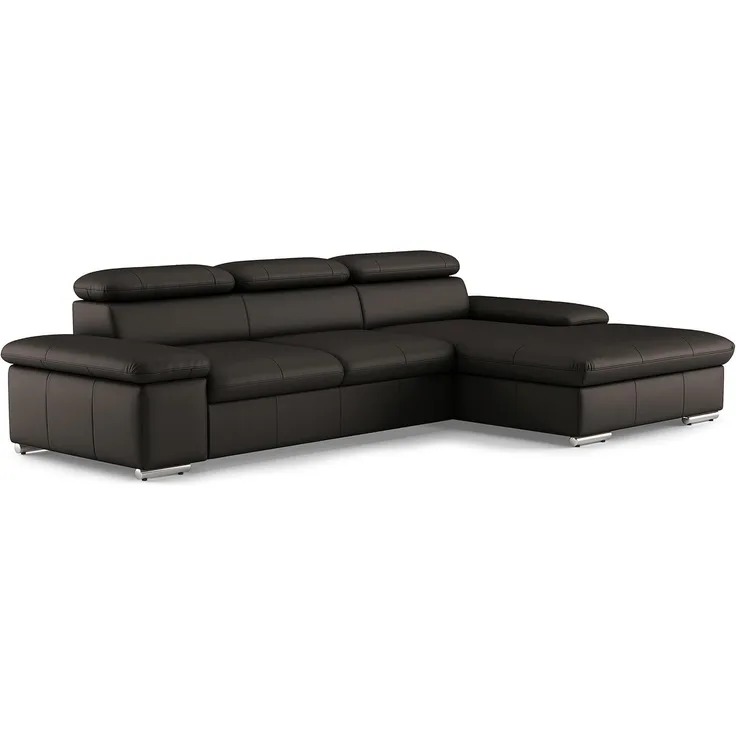 CAVADORE Leder-Ecksofa Valerie mit XL-Longchair / Eckcouch mit Kopfteilverstellung, großem Longchair + Metallfüßen / 286 x 73 x 174 / Echtleder Dunkelbraun