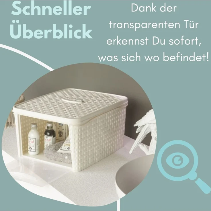 Aufbewahrungsbox mit Deckel Weiß Frontöffnung Schrank Organizer Stapelbox Kleiderschrank Korb mit Deckel Aufbewahrungskorb Aufbewahrung Badezimmer Rattan Optik – Bild 6