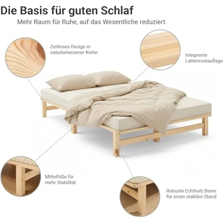 Holzbett 120x200 mit Lattenrost Doppelbett Holz Natur Bett Massiv Palettenbett Bettgestell Holzbettrahmen – Bild 4