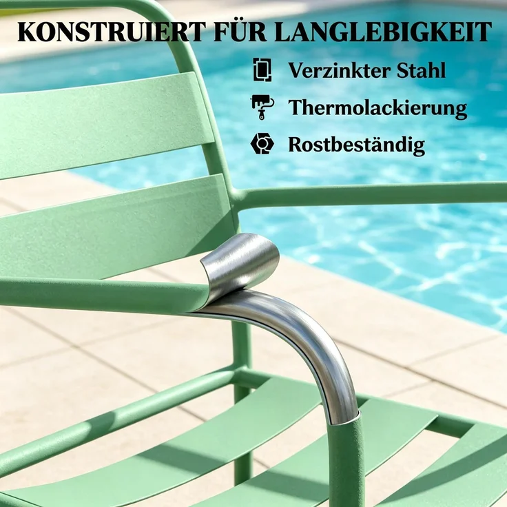 Garten-Bistro-Set mit Tisch H 50 x T 50 x B 50 cm, verzinktem Stahl und gehärtetem Glas, mit 2 Stühlen – Bild 7