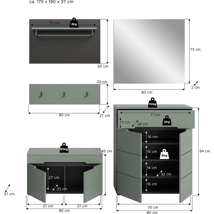 Garderoben-Set >Canu< in Basalt Grau / Smoke Green - 175x190x37cm (BxHxT) – Bild 5