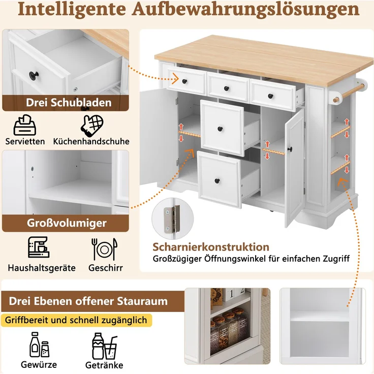 Merax Ausziehbarer Essbereich Kücheninsel mit verstellbaren Einlegeböden und Multifunktionsschubladen, Kücheninsel freistehend mit Steckdosenleisten, (Weiß) – Bild 8
